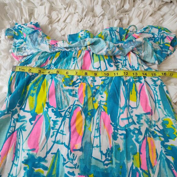 Lilly Pulitzer Top Womens XXS Blue Pink Off Shoulder Ruffle Surfboard Print Boho - Picture 14 of 16